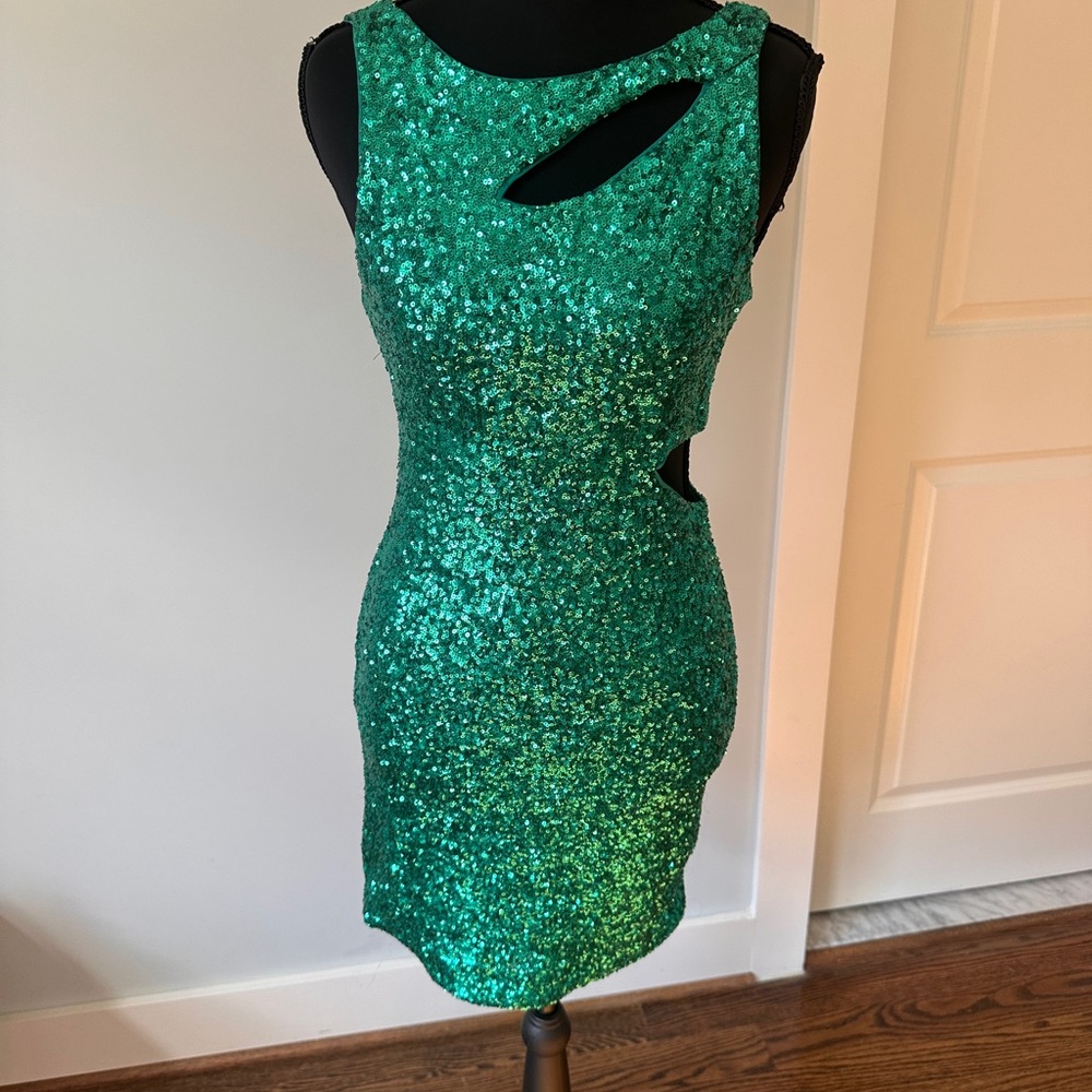 bebe Green Sequin Cutout Mini Dress